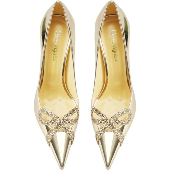 Women's Gold Pointed Butterfly Decoration Shallow 3.9in Stiletto Pumps Heels - Picture 6 of 7